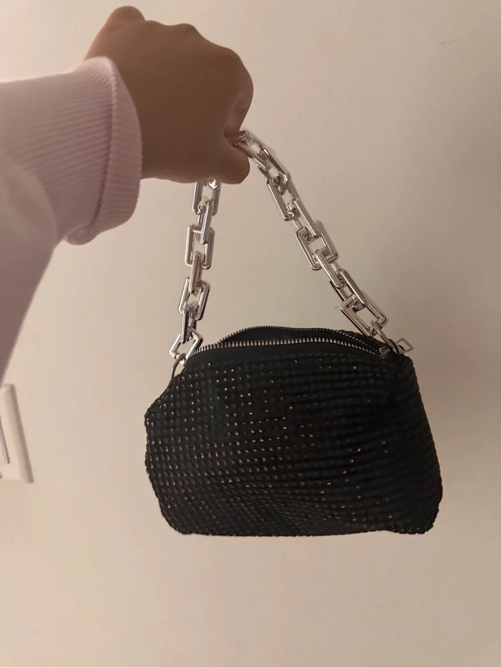 Black Rhinestone Wristlet with Chunky Silver Chain Handle